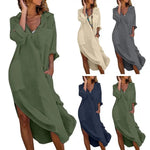 Beach Holiday Dress Women Summer Shirt Dress Lapel V-neck Solid Color Pockets Design Side Split Loose Fit Thin Midi Dress