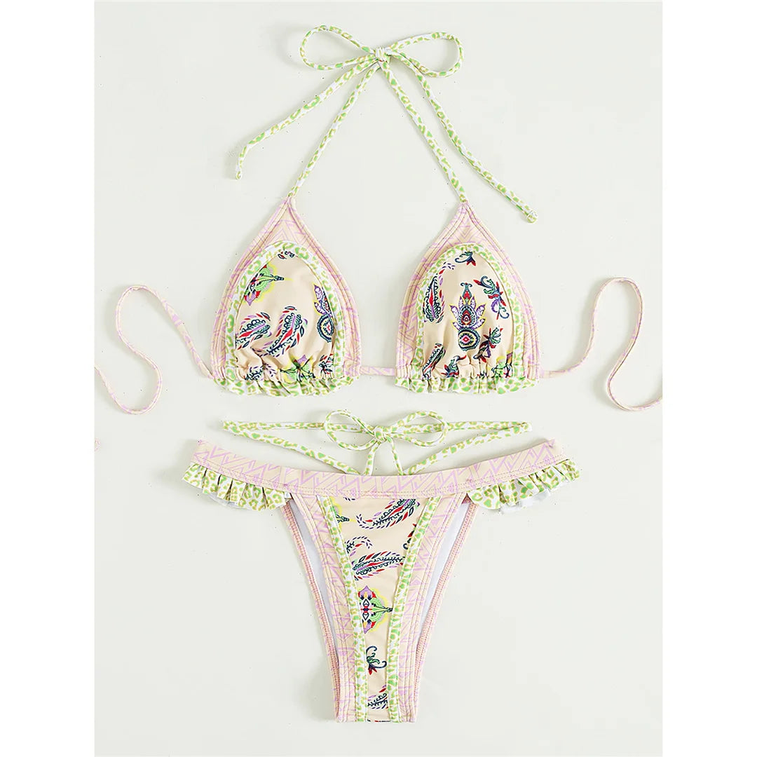 5 Colors Sexy Printed Halter Frilled Bikini Women Swimwear Female Swimsuit Two-Pieces Bikini Set Bather Bathing Suit Swim V4651