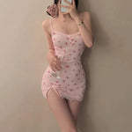 Summer Cherry Pattern Printed Nightgown Suspender Pink Women's Sleep Dress