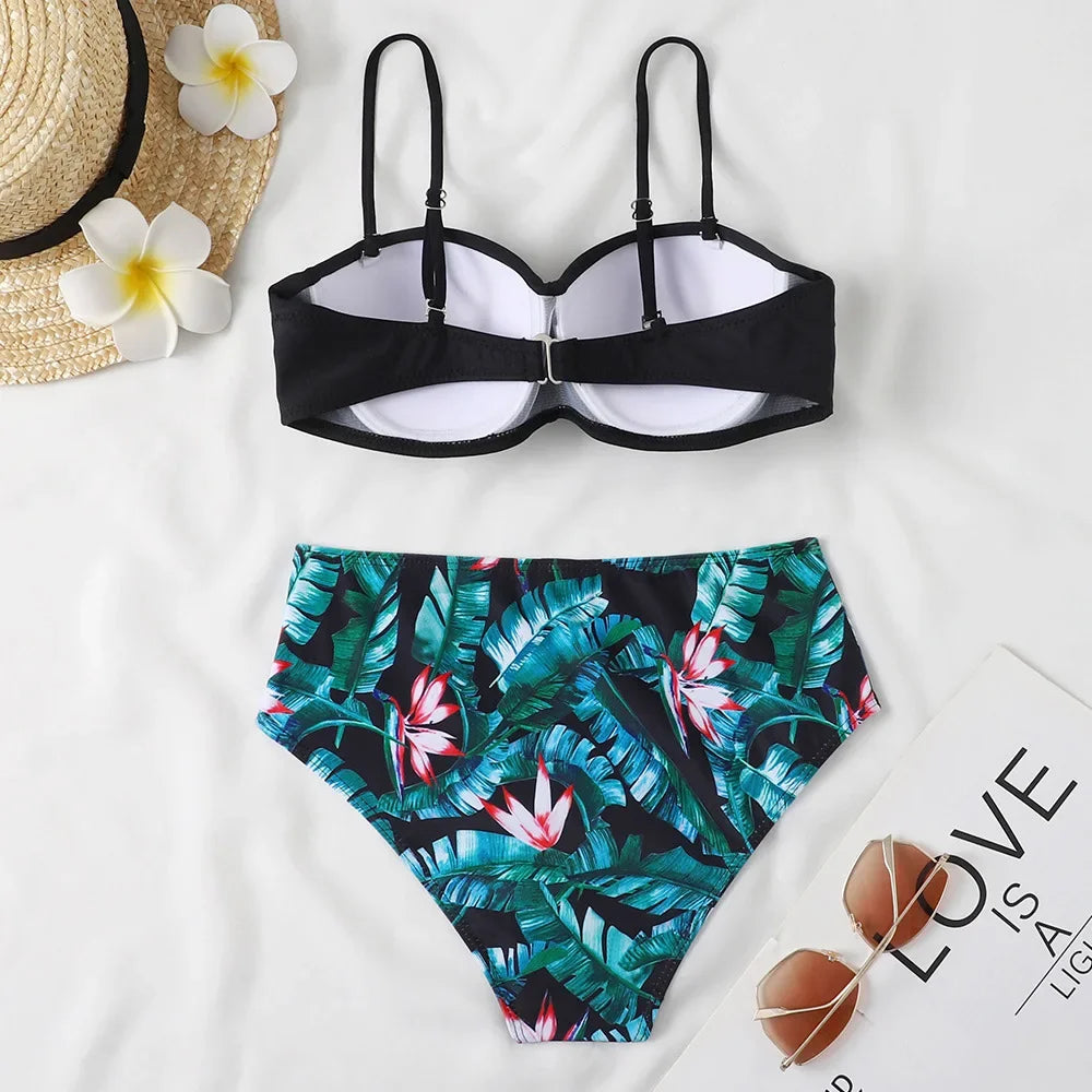 Print Bandeau Bikini Swimsuit Women Push Up Bikini Set Swimwear Female High Waisted Bathing Suit Beach Wear Brazilian Biquini