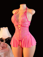 Adult Erotic Bodysuit Lace Hanging Collar Deep V-neck Semi Transparent Women Sexy Lingerie Crotchless Hot Underwear