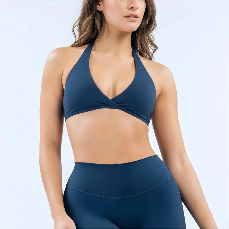 HISTELLO Origin Halter Bra Women Gym Underwear Removable Pads Sports Bra Backless Fitness Top Sexy Pilates Yoga Workout Clothing