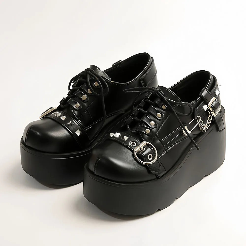 New Arrival Gothic Black Rivets Platform Creepers Shoes White Chain Decor Goth Creepers Chunky Lace Up Lolita Casual Shoes