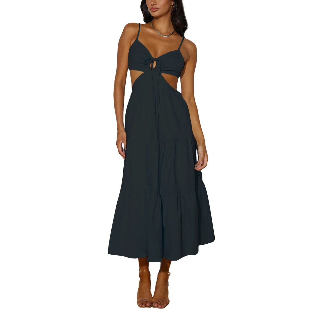 Spaghetti Strap Vacation Long Dress For Women Summer 2025 Fashion Elegant Sleeveless Backless Hollow Out Vestidos Party Dresses