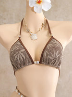 Vintage Coffee Leaves Print Mesh Skirt 3 Piece Bikinis Sets 2026 Women Beach Pearls Push Up Thong Swimsuit Bathing Suit Swimwear