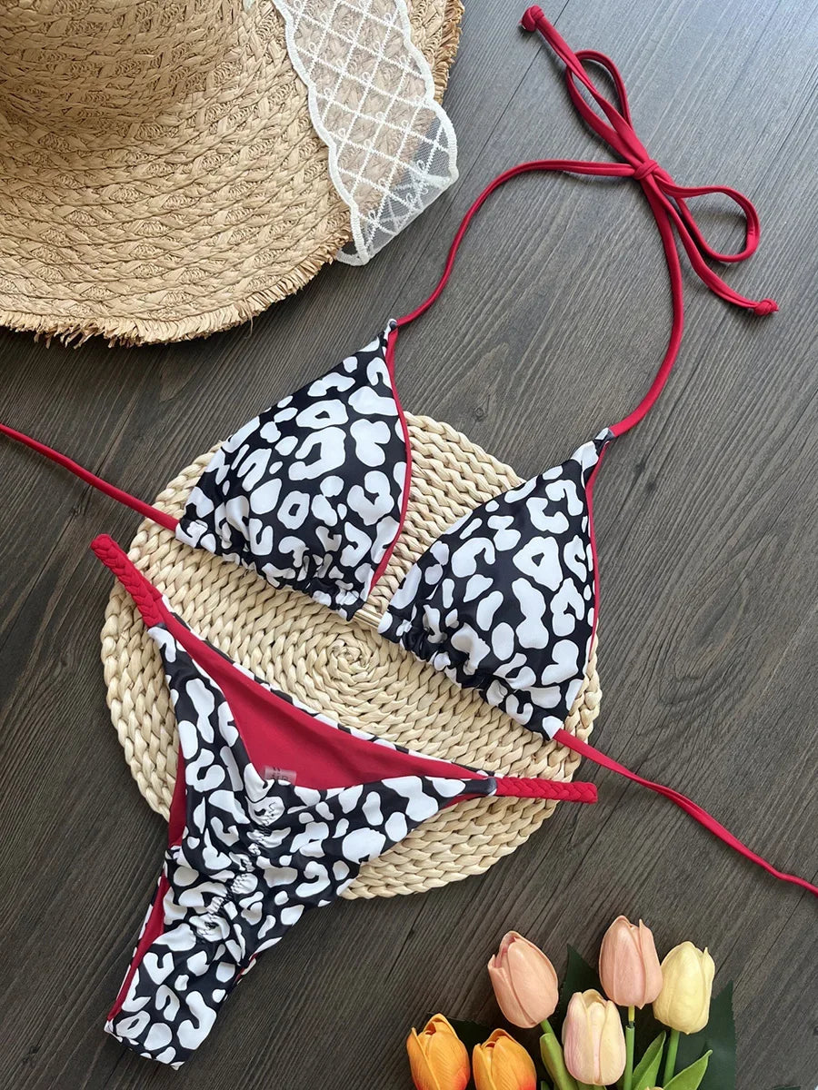 Leopard Halter Scrunch Butt Micro Thong Bikini Women Swimwear Female Swimsuit Two-pieces Bikini Set Bather Bathing Suit Swim