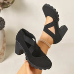 Women Mary Jane Pumps Cross Elastic Strap Suede Chunky High Heel Lug Platform Sole Dress Party Shoes Large Size