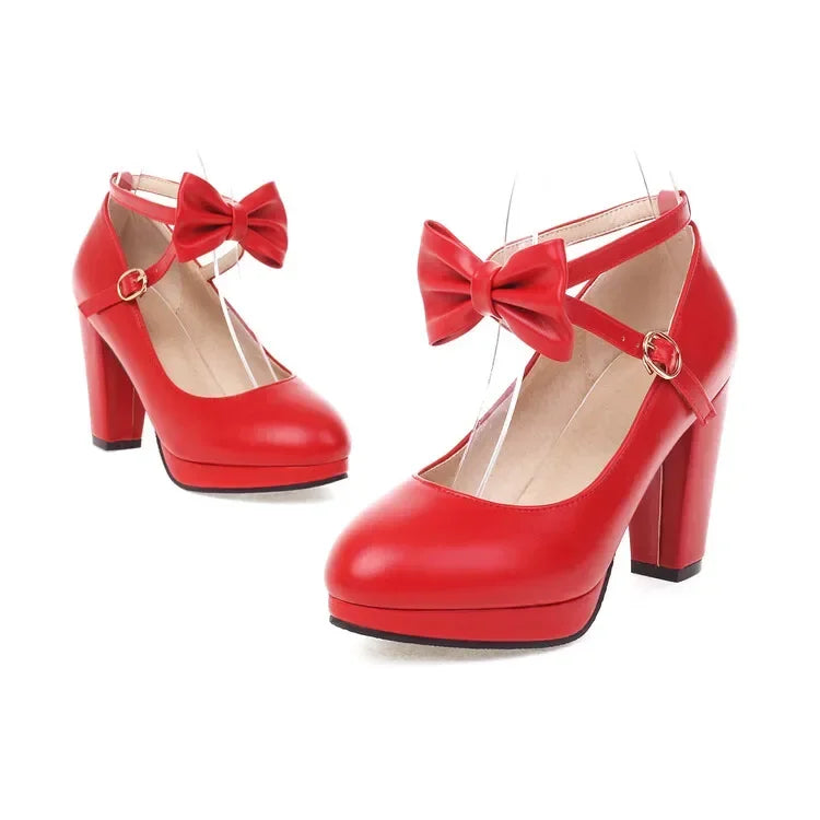 Spring and Autumn New Style Fashion Round Head High-heeled Women's Shoes Sweet Bow Shallow Mouth Buckle Thick Heel Women Shoes