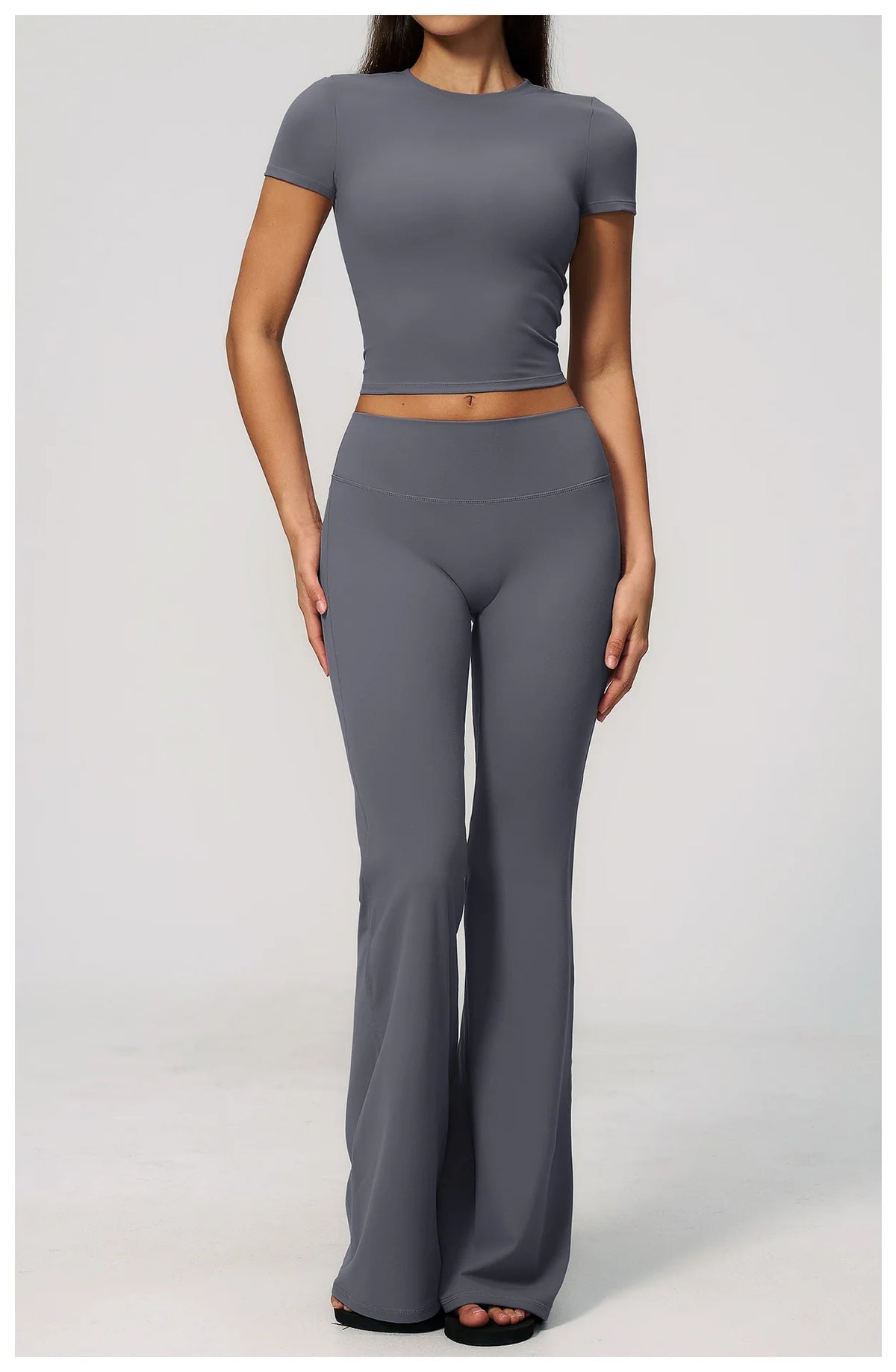 Creamy 2 Pieces Workout Suit Women Yoga Outfits Short Sleeve O Neck Slim Sports T Shirts High Waist Flare Pants Gym Fitness Sets