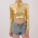 Women Metallic Long Sleeve Crop Tops Shiny Stretch Mock Neck T Shirt Dance Clubwear Ladies Slim Fit Blouses Gold Silver Costumes