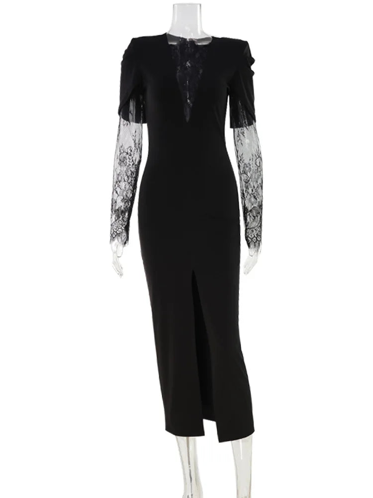 Ahagaga Eelgant Lace Women's Dress Patchwork Long Sleeves Autumn Party Slim Fit Sheath Velvet Sexy Split Trend Female Vestidos