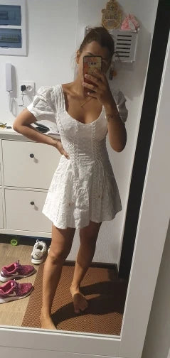 White lace embriodery summer beach dress women elegant hollow out lace up short dress off shoulder puff sleeve sheer dress 2025