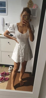 White lace embriodery summer beach dress women elegant hollow out lace up short dress off shoulder puff sleeve sheer dress 2025