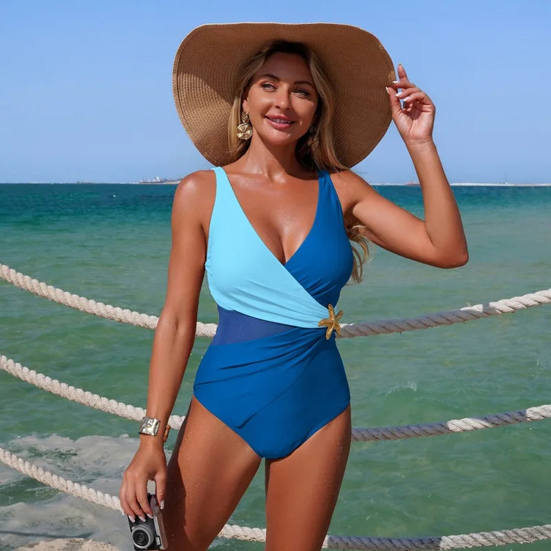 Brown One Piece Swimsuit Female 2025 Patchwork Swimwear Women Lace Up Bathing Suits Starfish Summer Beach Wear Sports Monokini