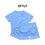 DFTLFWomen 2PCS Seamless Yoga Suit Short Sleeve Top High Waist Shorts Quick Dry Breathable Gym Fitness Running Workout Sport