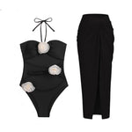 2024 Sexy Sling Ruffle Solid Two Pieces Bikini Women High Waist 3D Flower Swimsuit Skirt Summer Backless Beachwear Bathing Suit