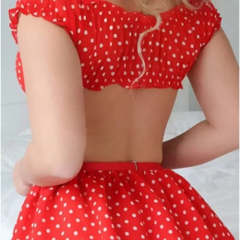 Women's EroticShort Skirt with Garter Straps Sexy Lingerie Women Sexy Polka Dot Off Shoulder Puffy Skirt PolkaExotic Set
