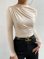 Casual Pleated Mock Neck Long Sleeve T-shirt for Women Autumn Winter Spring Solid Color Ruched Skinny Slim Fit Blouse Top Tshirt