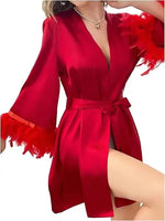 Women Robe Satin Vestidos De Novia Short Kimono Summer New Party Sleepwear Lady Sexy Feather Trim Home Clothing Bathrobe Gown