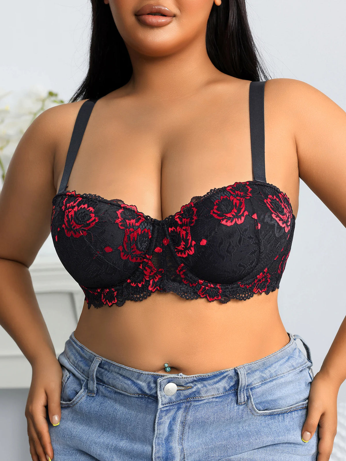 Floral Plus Size Women Bra Lace & Embroidery Push up Bra Comfort Thin Cup Underwire Support Lingerie Bra