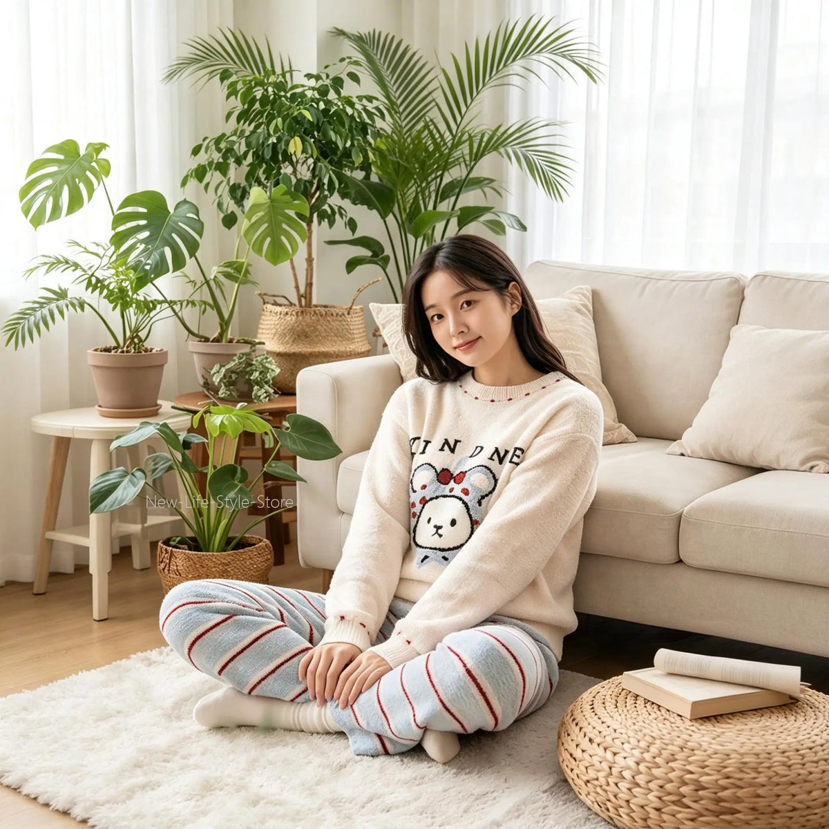 Cartoon Rabbit Jacquard Striped Pants Loose Warm Ladies Homewear Sleepwear Loungewear Women Korean Style Cute Soft Pajama Set