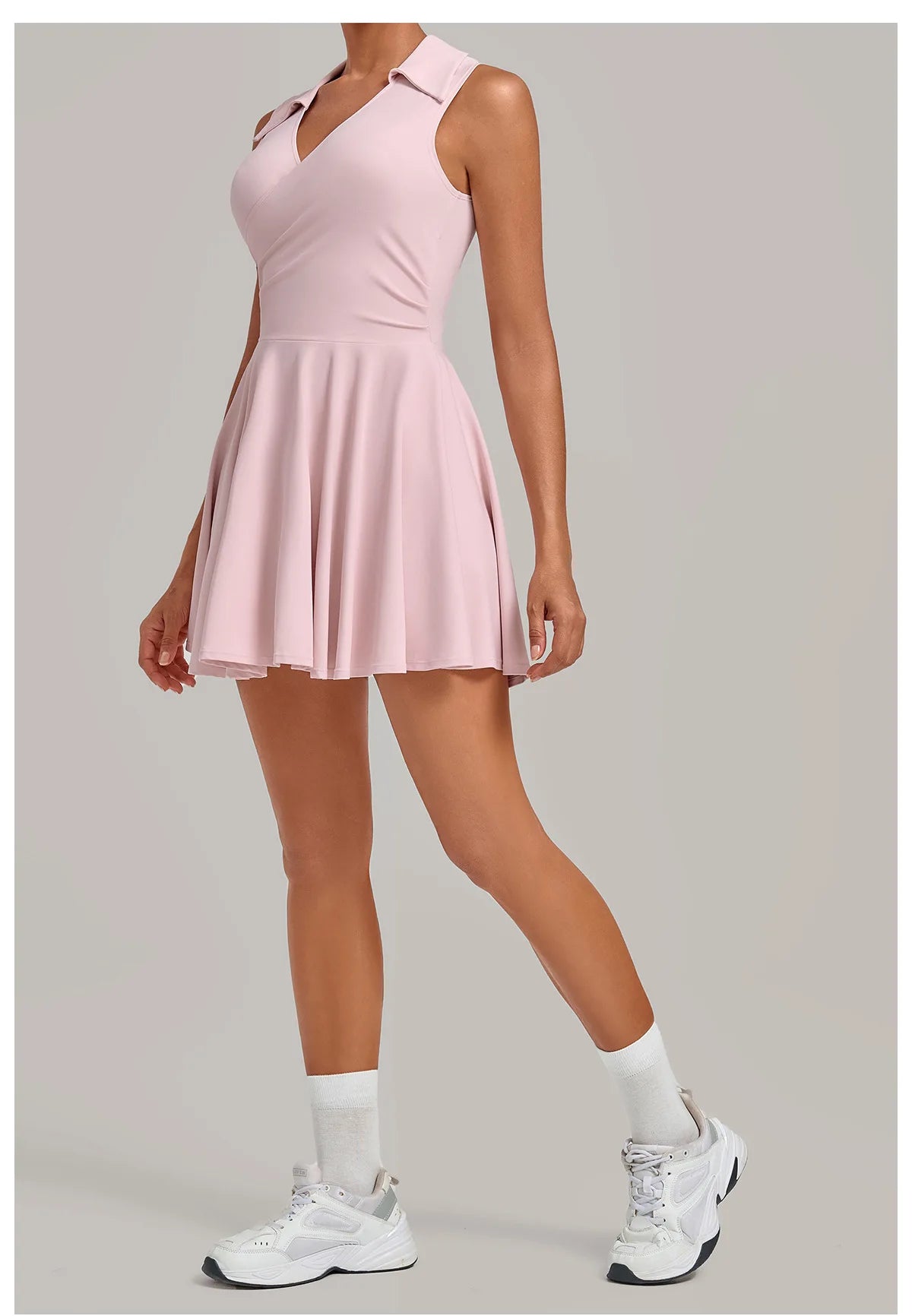 Summer Women Solid Tennis Dresses Sleeveless Turn Down Collar Pleated Skirts with Detachable Pocket Shorts Slim Yoga Golf Dress