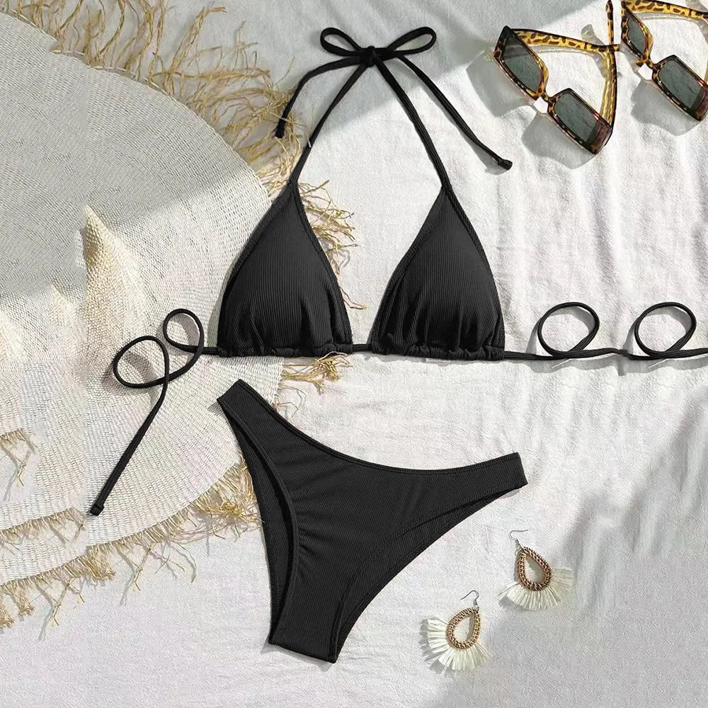 Brown String Halter Triangle Bikini Ribbed Solid Swimwears Sexy Swimsuit Women 2026 Padded Bikinis Sets Bathing Swimming Suit