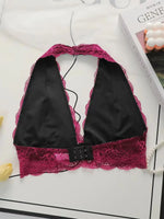 Women Floral Lace Halter Bralette Wireless Deep V Plunge Bow Decor Backless Bra Hollow Out Breathable Sexy Daily Lingerie A563