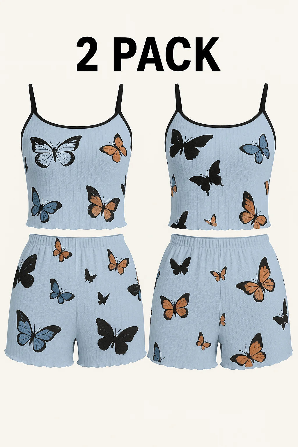 Butterfly Print Pajama Set Lettuce Trim Cami TopElastic Waistband Shorts WomenSleepwear Loungewear