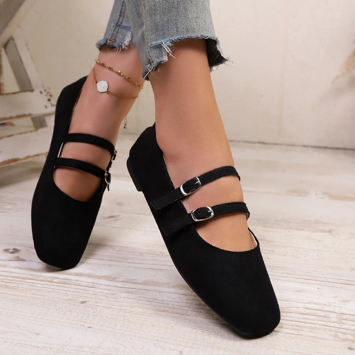 Women Suede Square Toe Double Strap Mary Jane Flats Buckle Slip‑On Soft Flat Shoes Large Size Casual Office Ladies Shoes