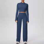 2 Pcs Women's Seamless Yoga Set Long-sleeved Wide-leg Pants Tracksuit Fitness Sports Set High-waisted Hip-lifting Slim-fit Suit