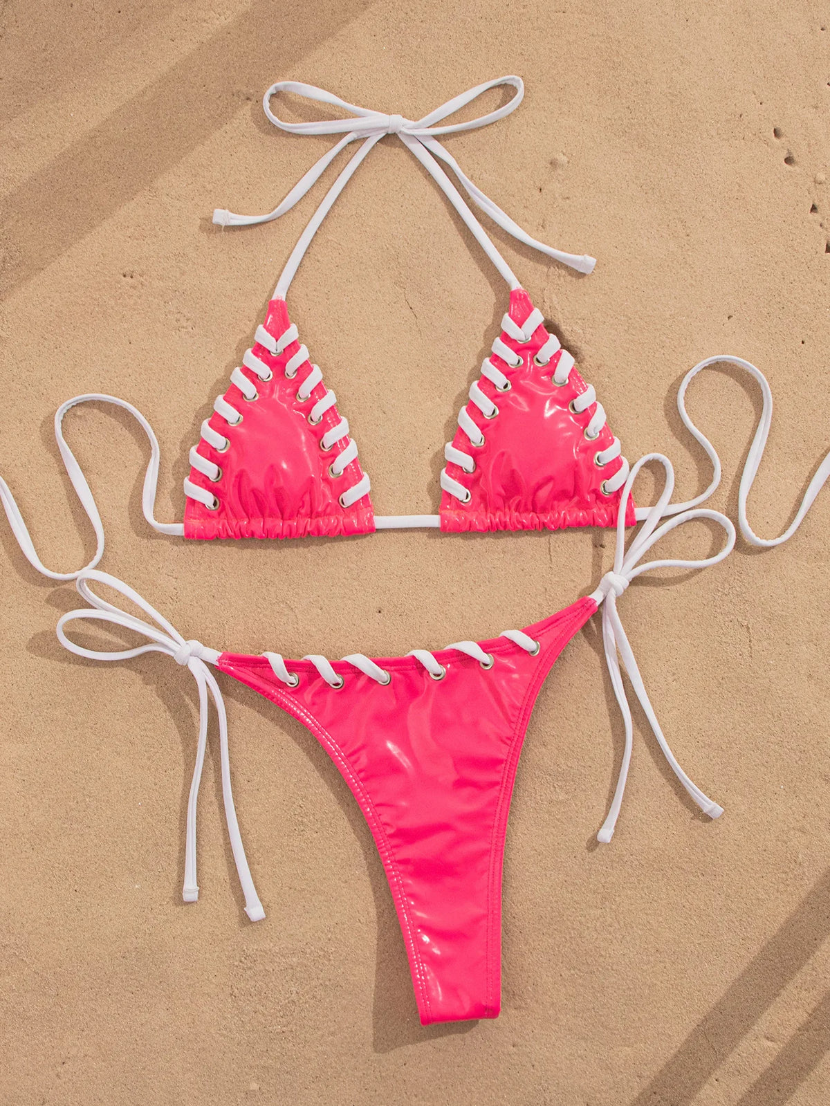 Sexy Pink Contrast Micro Bikini 2026 Mujer Women Braiding Rope Bandage Push Up Bra Triangle Swimsuit Beach Bathing Suit Swimwear