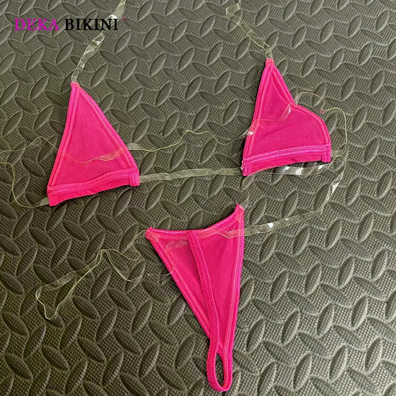 DEKA Micro Bikini Set for Women Neon Halter Swimwear Tansparent Strap Push Up Brazilian Latex Bikinis Sunmmer Sexy
