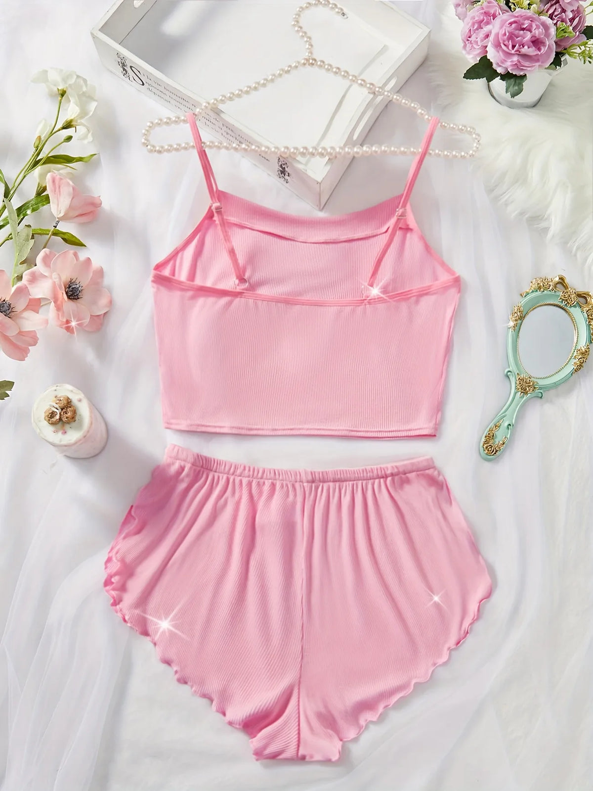 Women's Pajama Set Solid Color Camisole Crop Top and Ruffle Shorts, Sleeveless Soft Sleepwear, Summer Loungewear Outfit