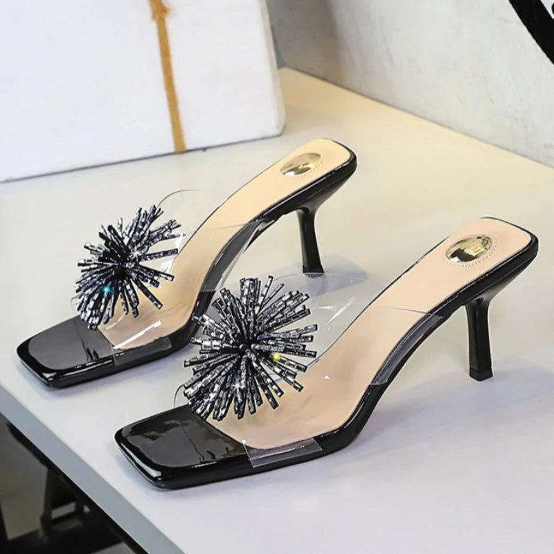 BIGTREE New Crystal Slippers Shoes Women Fine High Heels Transparent Sandals Female Slippers Sexy Outside Beaded Beach Shoes