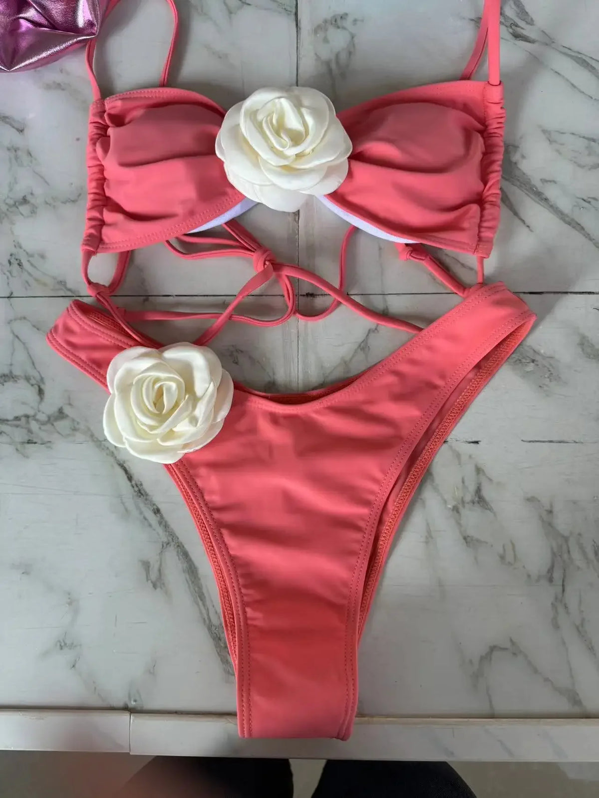 Sexy 3D Flower Micro Bikini 2024 Women Black White Patchwork Push Up Swimsuit Biquini Summer Bathing Suit Triangle Mini Swimwear
