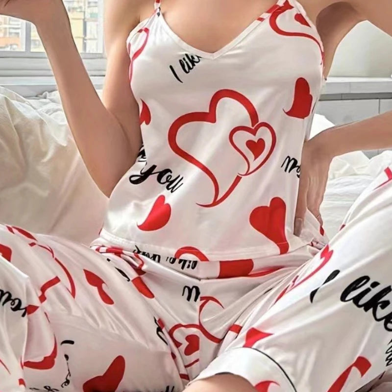 Women's Satin Floral Pajama Sets with Spaghetti Strap Tops and Long Pants Sleepwear 2 Piece Sleeveless Home Clothes Loungewear