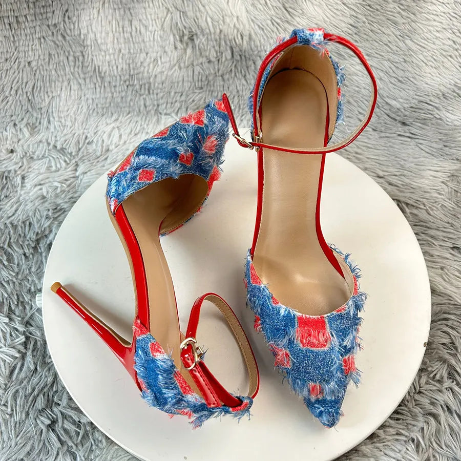 New Denim Fashion Denim color blockingSandals High Gladiator Heels Ladies Office ShoesPlus Big Size45-46 12cm slim heel