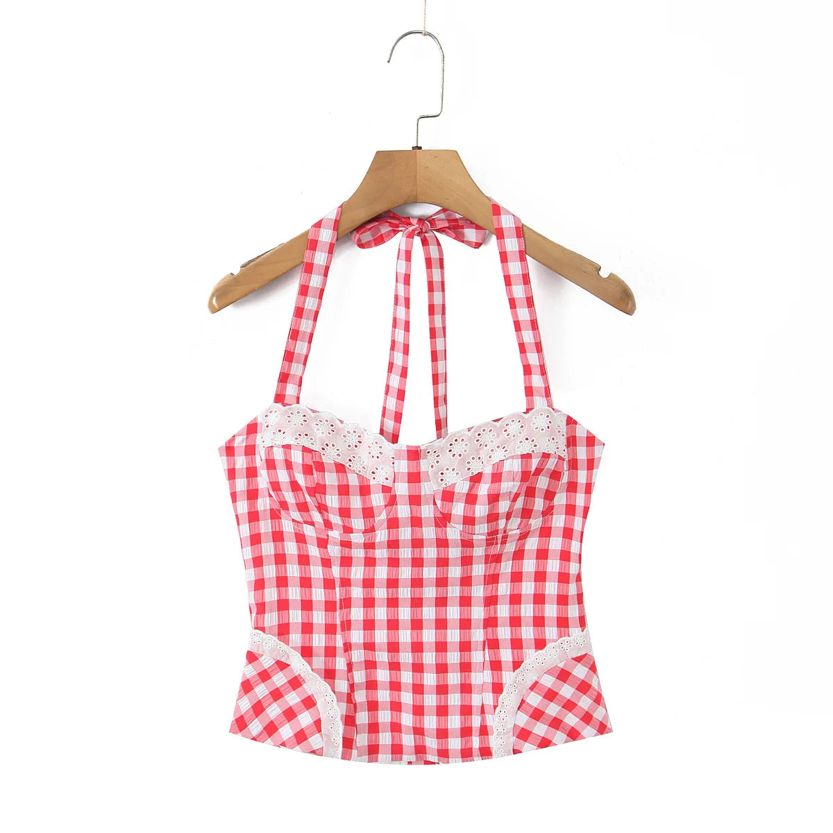 Early Spring New French Style Sexy Sweet Lace Patchwork Slim Fit Halter Neck Tie Plaid Strap For Woman Cute Pure Desire DW8V