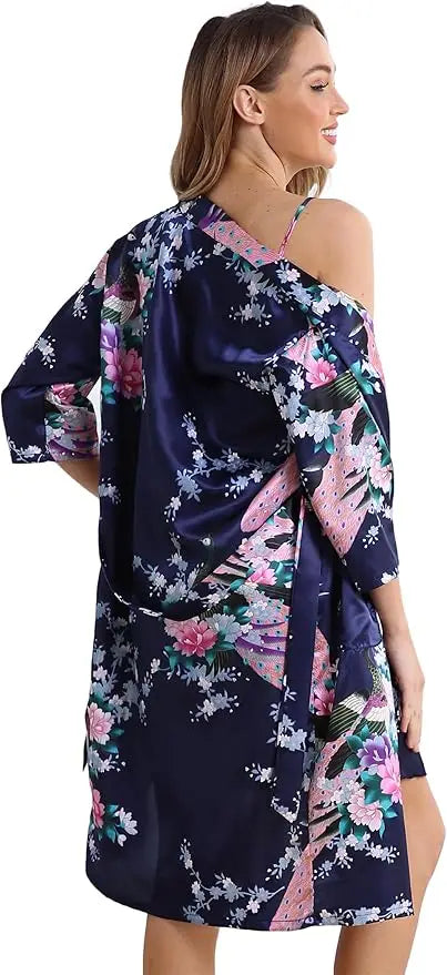 Women's Floral Satin Kimono Robe and Nightgown Set with Camisole 2 Piece Sleepwear Peacock Bathrobe