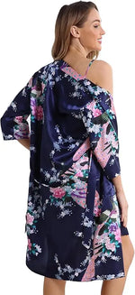 Women's Floral Satin Kimono Robe and Nightgown Set with Camisole 2 Piece Sleepwear Peacock Bathrobe