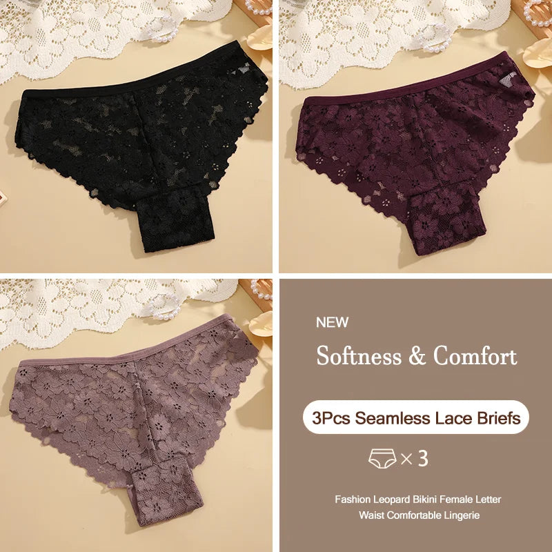 3Pcs Lace Sexy Transparent Panty Women's Panties Sexy Breathable Pink-Brown Series Underwear Female Low Waist Soild Lingerie