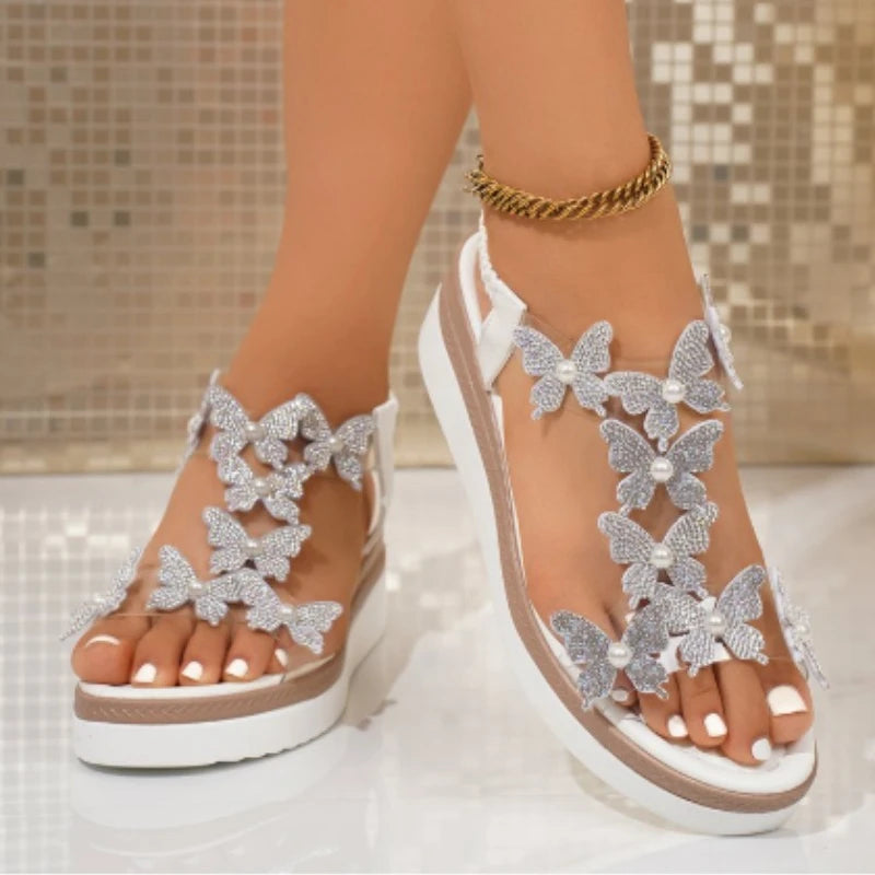 Summer 2026 Women's High Heels Sandals Wedges Shoes Woman Lightweight Elastic Band Rhinestone Butterfly Platform Sandals Women