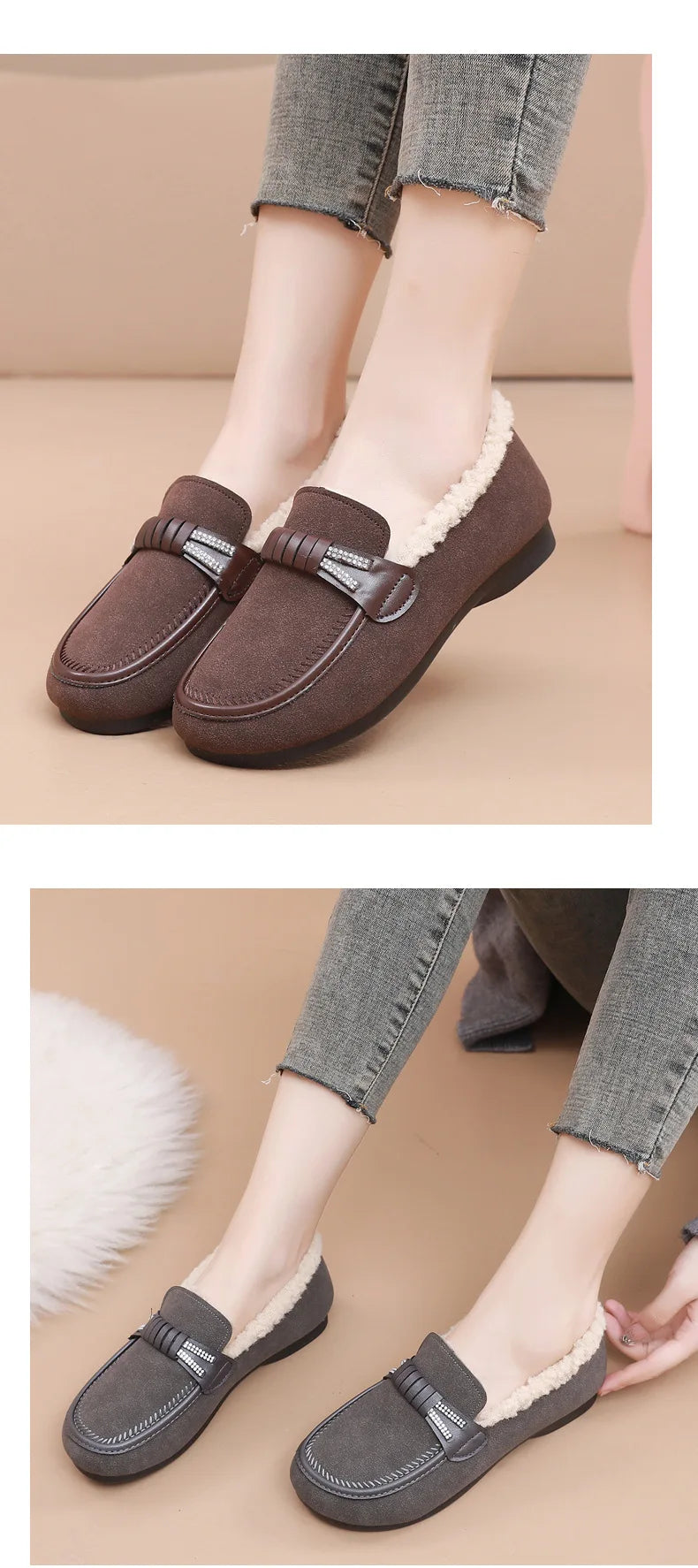 Retro Women's Slip on Flat Shoes White Women Soft Sole Non-slip Loafer Female Casual Plush Warm Cotton Shoes Zapatillas Mujer