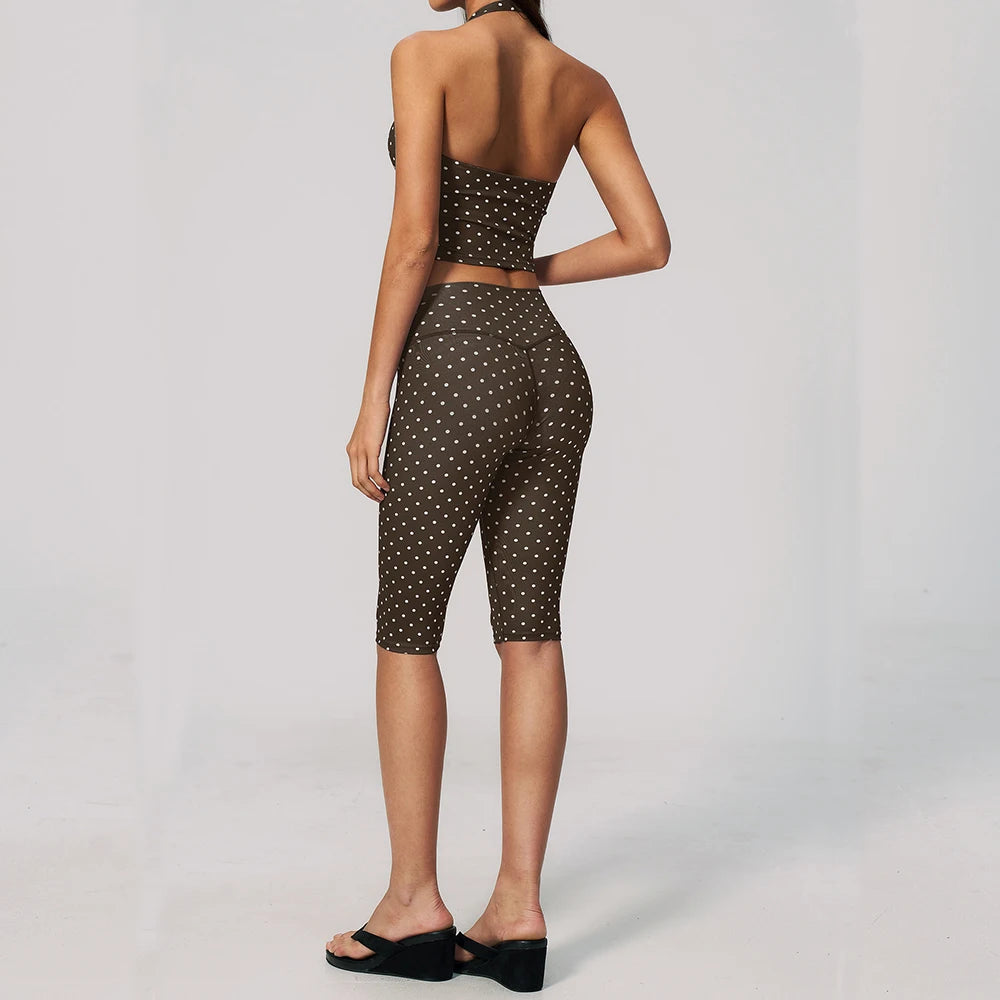 Yoga Capri Pants Set 2pcs Sport Set Women Polka Dot Athletic Wear Gym Push Up Yoga Pants Gym Suit Fitness Bra Workout Set Outfit