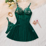 Green Daisy Floral Lace Sheer Mesh Babydoll Lingerie Set Slip Nightdress With Matching Thong Women Sexy Sleepwear ZA825096