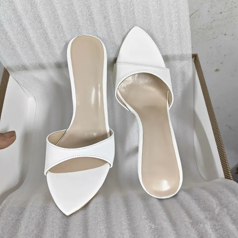 Women's White Faux Leather Pointed Toe Stiletto Mules - Slip-On High Heel Sandals for Summer, Party & Daily Wear
