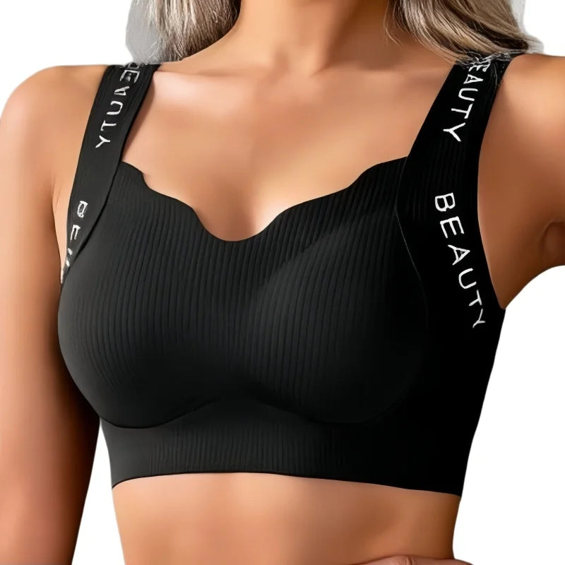 Ribbed Bras Push-Up Wireless Bra Women's Seamless Underwear Plus Size Wave Neckline Wide Strap Support Sexy Lingerie M-3XL