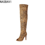 NASBAVI Super High Slim Heel Peep Toe Hollowed Boots Zipper Elastic Boots Leopard Print Flock Material Over The Knee Boots 35-48