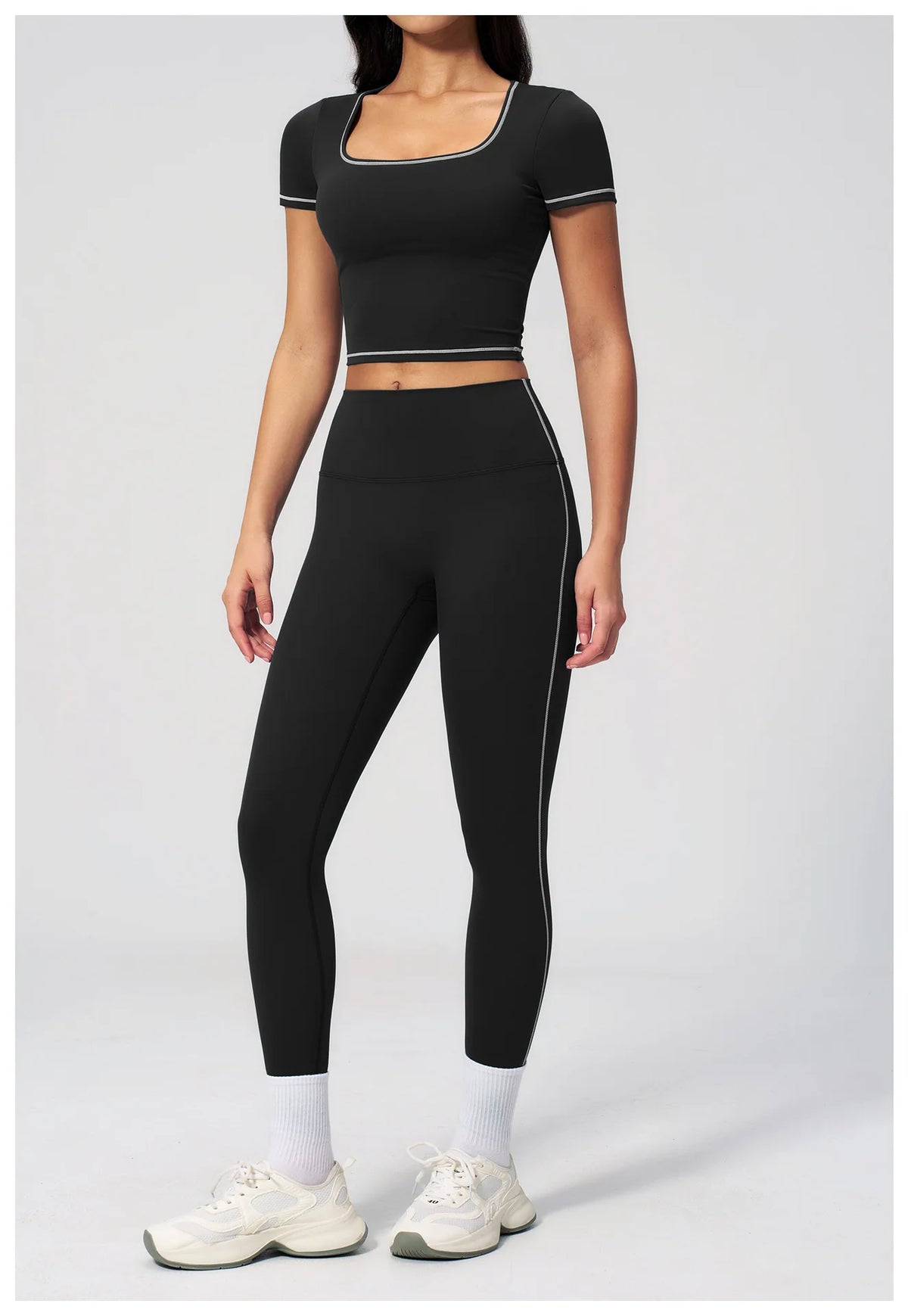 2PC Color Contrast Yoga Suit Women Short Sleeve Square Collar Slim Sports Top Fitness Suits Outdoor Exercise Leggings Tracksuit